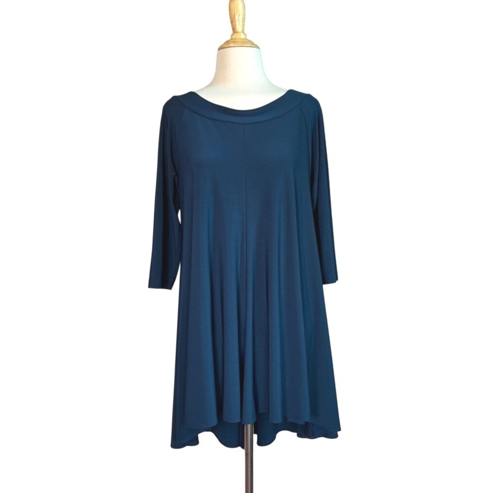 SUN KIM Medium Navy Blue High Low 3/4 Sleeve Tunic Top Lagenlook Quiet Luxury